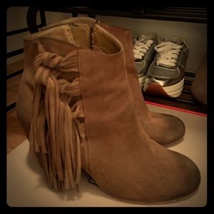 Taupe and dark brown in front booties